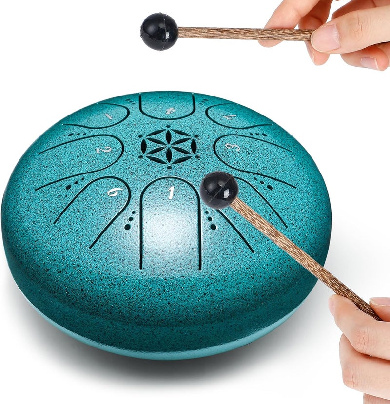 PUJONI Steel Tongue Drum, 6 Inch 8 Notes Percussion Instruments with Music Book, Mallets, Carry Bag, Finger Picks, Gifts for Beginners Musical Education & Adults Relaxation Meditation (Malachite) - Image 2